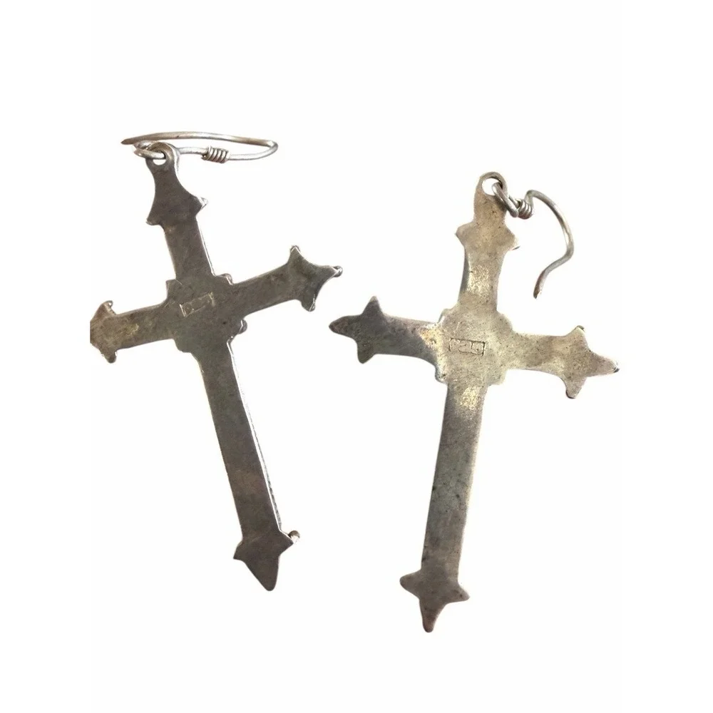 Sterling‎ Silver Cross Set Earrings & Pendant Necklace Red Stone Gothic Vintage